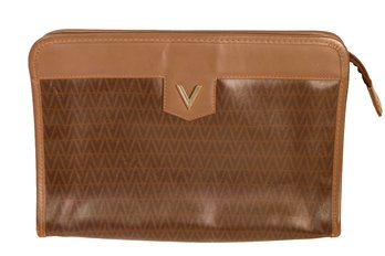 Mario Valentino Clutch Bag Features A Brown Monogram Pattern With Leather Trim And A Prominent V-logo Emblem