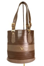 Mario Valentino Signature Monogram Bucket Tote Bag Made Of Brown PVC Leather