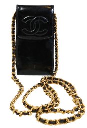 Chanel Black Patent CC Logo Mini Flap Pouch Phone Holder Crossbody Purse Bag
