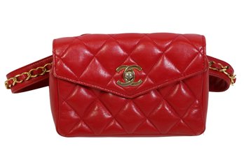 CHANEL Vintage Matelasse Lambskin Quilted Waist Belt Bag Fanny Pack In Red