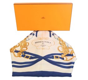 Hermes Silk Scarf Carre 90 'BRIDES De GALA' Blue Silk Scarf