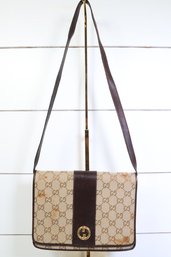 Gucci Monogram Canvas Shoulder Bag With Brown Leather Trim Purse