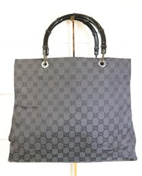 Gucci Black GG-Canvas Bamboo Tote Bag