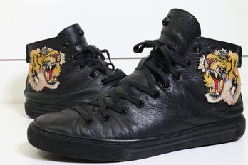 Gucci Black Leather Tiger Patch High Top Sneakers Size 8.5