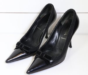 Prada Black Leather Bow Pointed Toe Pumps Size 34 1/2