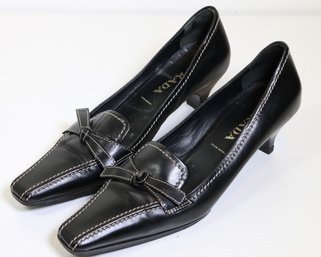 Prada Black Leather Kitten Heel Loafers Size 34 1/2