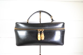 Gucci Black Cosmetic Bag With Gold Accents Leather Vanity Pouch
