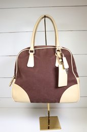 Prada  Enameled Metal Triangle Bauletto Handle Bag Brown Canvas Purse