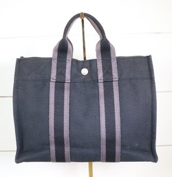 Herms Top Handle BagToile Fourre-Tout Black And Gray Canvas Purse