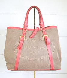 Prada Canapa Logo Bow Tote Canvas, Leather Trim - Pink Purse Shoulder Bag Handbag