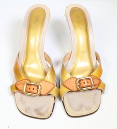 Louis Vuitton  Signature Logo Patent Leather Slides Gold & Metallic Heel Size 35 1/2