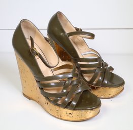 Yves Saint Laurent Rive Gauche  Satin Slingback Sandals Patent Leather Green Platform Size 37