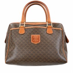 Céline Macadam Monogram Canvas Leather Brown Top Handle Bowler Handbag Purse Bag