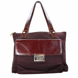 Gucci Canvas Leather Shoulder Bag Tote Handbag Purse Burgundy Brown Turnlock