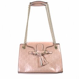Gucci Emily Guccissima Patent Leather Shoulder Bag Handbag Purse Pink Chain