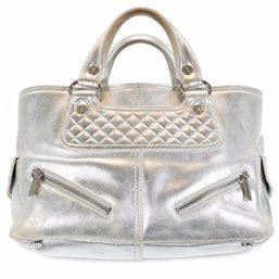 Céline Silver Metallic Leather Quilted Satchel Handbag Purse Bag Top Handle