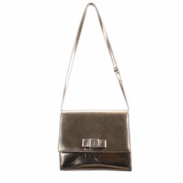 Salvatore Ferragamo Vara Bow Metallic Leather Crossbody Shoulder Bag Purse Handbag Gold