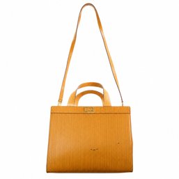 Céline Ribbed Leather Handbag Purse Bag Tote Top Handle Shoulder Yellow Gold