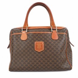 Céline Macadam Boston Bag Handbag Purse Brown Canvas Leather Top Handle