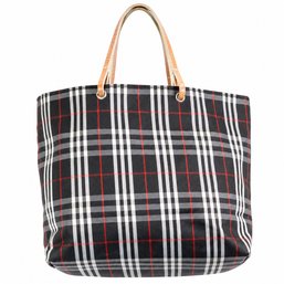 Burberry Check Coated Canvas Nylon Tote Bag Handbag Purse Charcoal Black