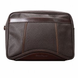 Salvatore Ferragamo Brown Pebbled Leather Toiletry Bag Clutch Pouch