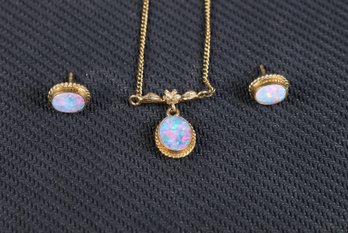 9k Gold, Doublet Opal Necklace & Stud Earring Set Floral, 4.3 Grams Jewelry Gemstone