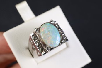 Australian Opal & Diamond Ring Sterling Silver 18k White Gold Plated