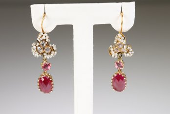 14k Yellow Gold, Ruby, Tourmaline, Pearl, And Diamond Earrings,