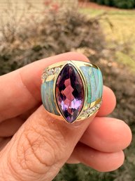 14k Yellow Gold, Kabana Amethyst Diamond & Opal Ring, 10 Grams Jewelry Gemstone Diamonds