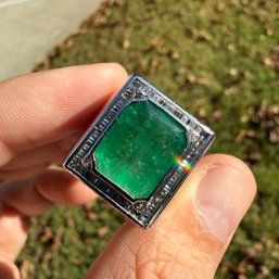 Natural Emerald & Diamond Mens Ring 7.23ctw, Platinum 24.25 Grams Gemstone Jewelry Diamond