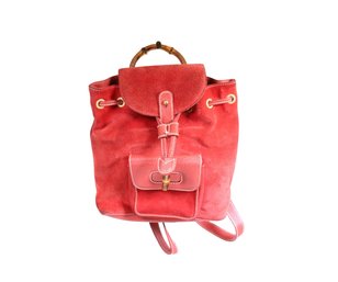 Gucci  Bamboo Backpack Red Suede Gold Hardware Leather Trim