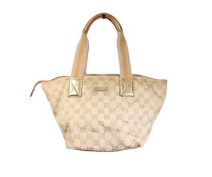 Gucci  GG Canvas Top Handle Bag Purse Leather Monogram Gold Trim