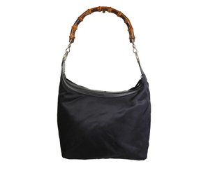 Gucci Vintage Handbag Bamboo Handle Shoulder Bag Black Nylon Purse