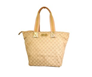 Gucci Monogram GG Canvas Top Handle Bag Brown Purse Pink Strap