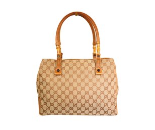 Gucci Bamboo Leather Handbag GG Monogram Brown Purse