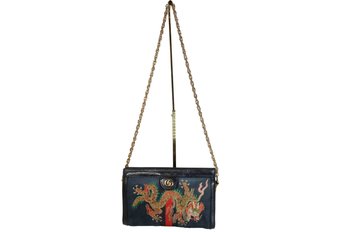 Gucci Suede Patent Web Dragon Embroidered Medium Ophidia Chain Shoulder Bag Blue Multicolor Black