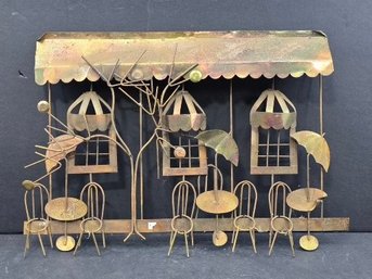 Vintage Copper And Brass Metal Wall Sculpture Depicts A Parisian Cafe Scene