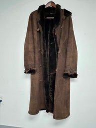 Vintage Brown Suede Shearling Long Coat Featuring A Plush Dark Brown Fur-trimmed Collar, Made In Canada