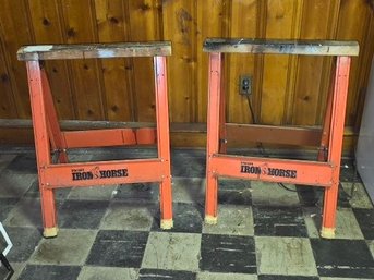 Vintage Hirsh Iron Horse Orange Steel Sawhorses Folding Work Stands Set Of 2