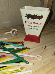 Vintage Four Roses Whiskey Bar Caddy Filled With Cocktail Stirrers
