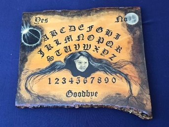 Hand-painted Live-edge Wooden Spirit Board (Ouija Board) Featuring A Central Face With Wooden Planchette