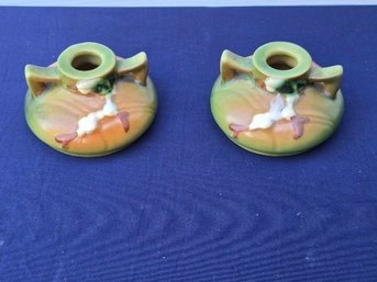 Pair Of Vintage Green Roseville Pottery Snowberry Candle Holders