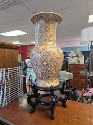 Large Japanese Satsuma Style Porcelain Vase Floor Vase With Wooden Stand