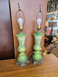 Pair Of Mid Century Modern Green Porcelain Urn Shaped Lamps With Floral Pattern