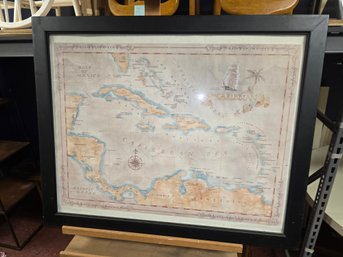 Wood Framed Vintage Reproduction Map Of The Caribbean And West Indies