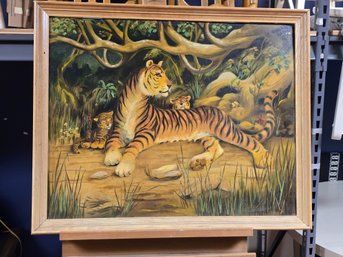 Vintage Oil On Canvas Of Tigress And Two Cubs In Wooden Frame