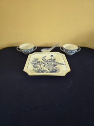 Blue And White Lot With Pheasant Design Plate And Oriental Design Cups & Spoon