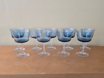 Set Of 9 Likely Vintage Blue Coupe Glasses