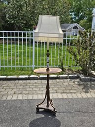Vintage Wood Tripod Floor Lamp With An Integrated End Table And Lamp Shade.