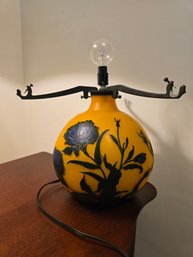 French Art Nouveau Style Cameo Glass Table Lamp Featuring Acid-etched Blue Floral And Vine Motif